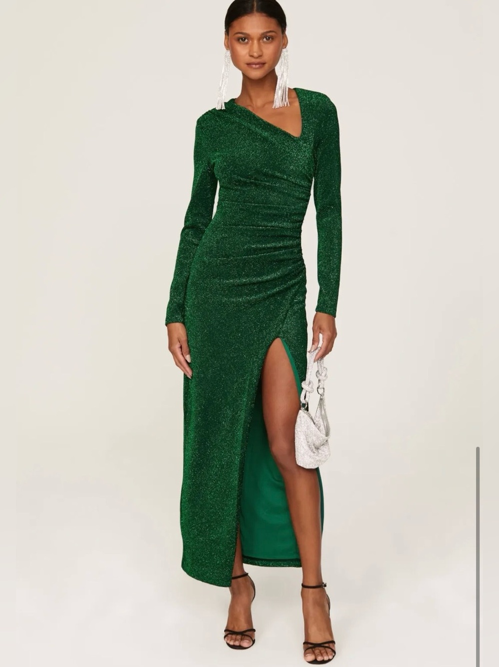 Alexia Admor Glitter Green Ruched Long-Sleeve Side Slit Gown